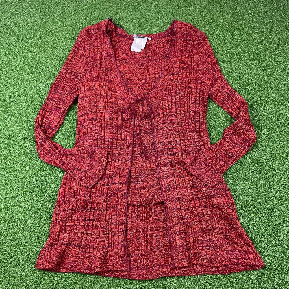 Vintage Los Angeles Gal Maroon Ribbed Open Tie Front Cardigan Duster Sz 10